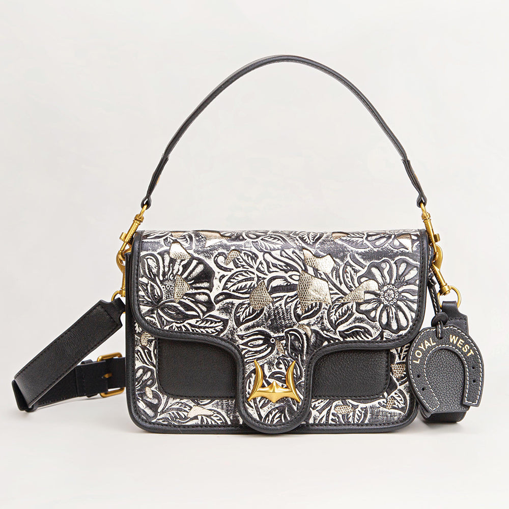 Loyal West Shell Medium Purse Black Floral Leather