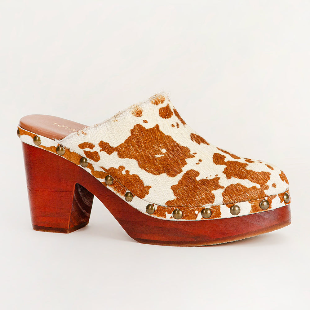 Loyal West Carlotta Trail Clogs Brown And White Cowhide
