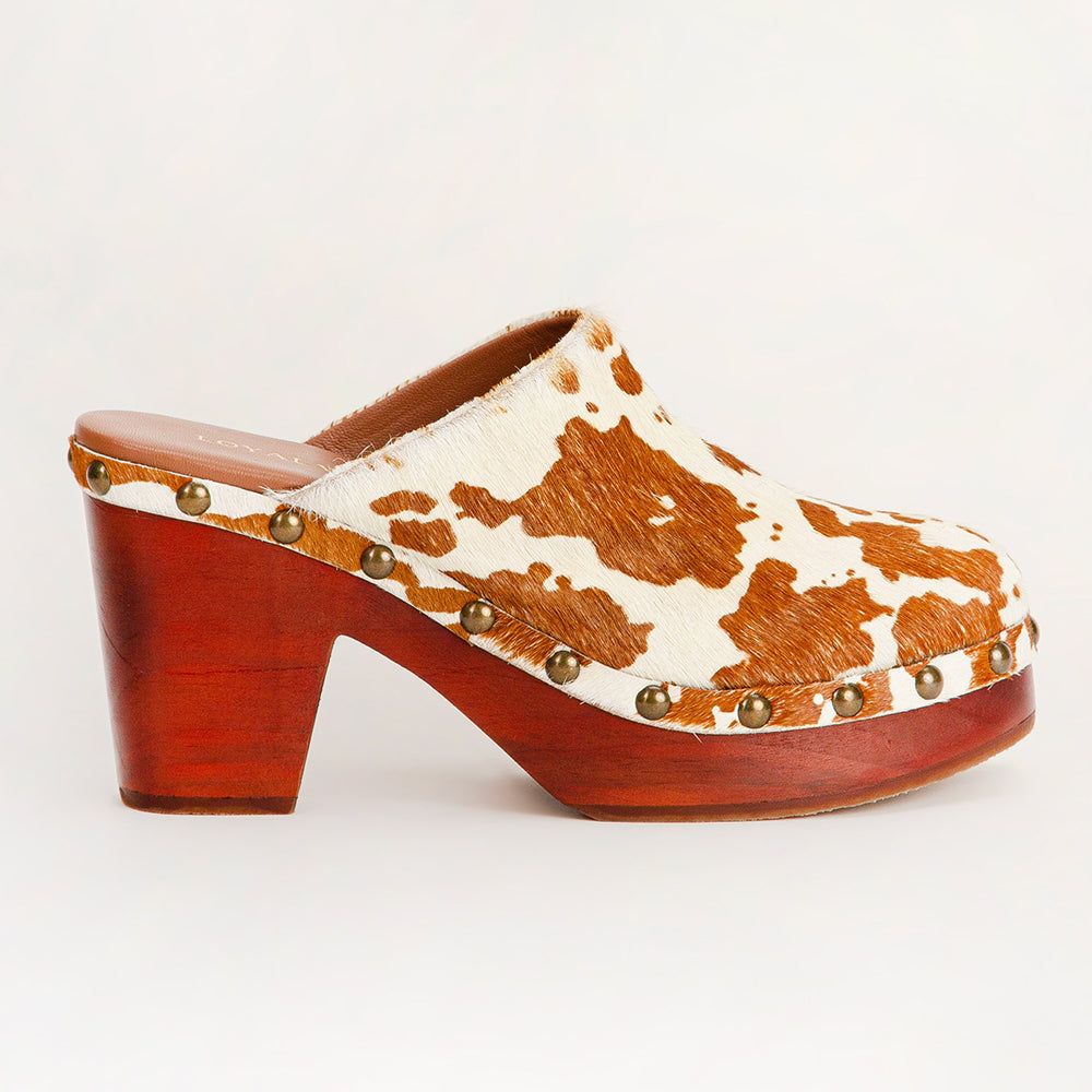 Loyal West Carlotta Trail Clogs Brown And White Cowhide