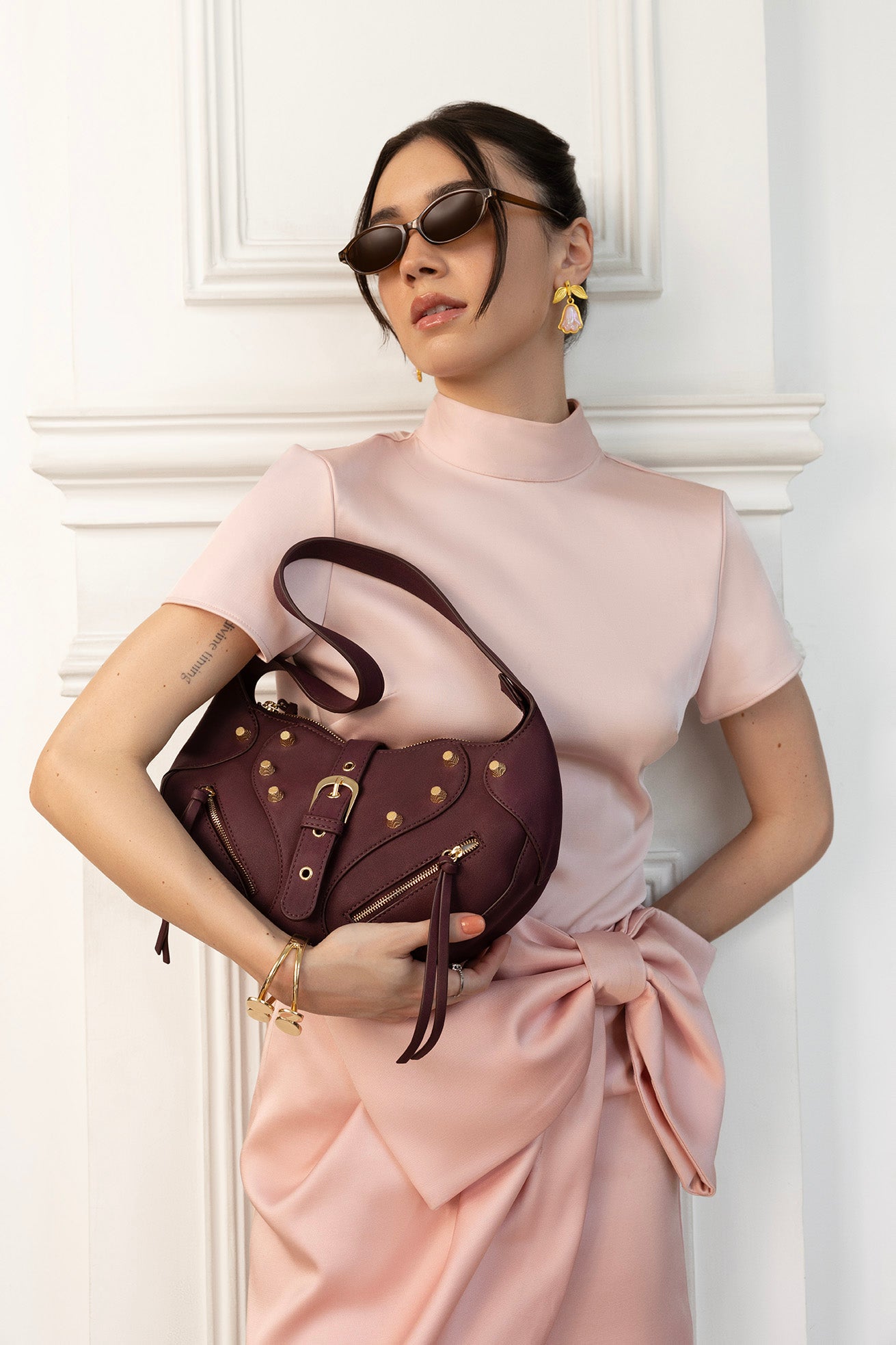 Ravenne Studded Shoulder Bag - Garnet