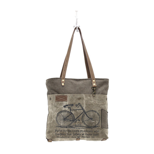 By-Cycle Print Canvas Tote Bag (Green) - Myra Bags