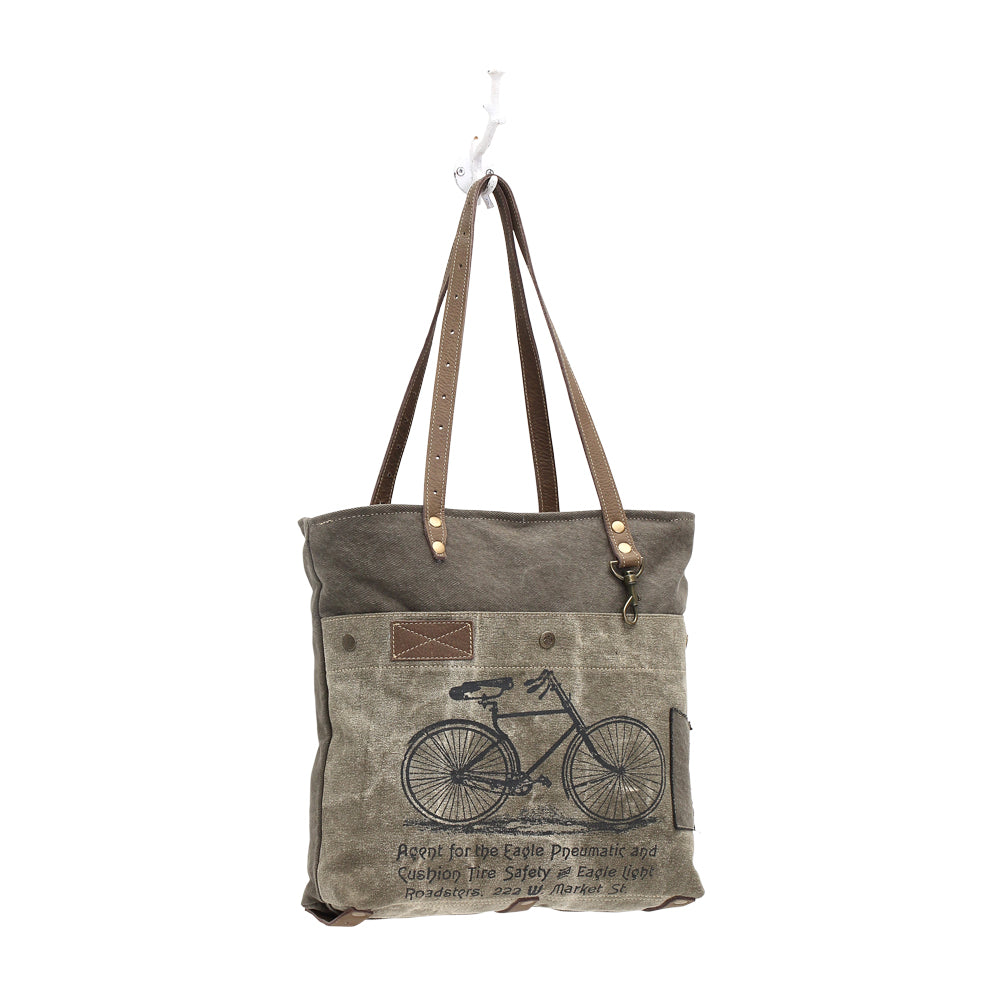 By-Cycle Print Canvas Tote Bag (Green) - Myra Bags