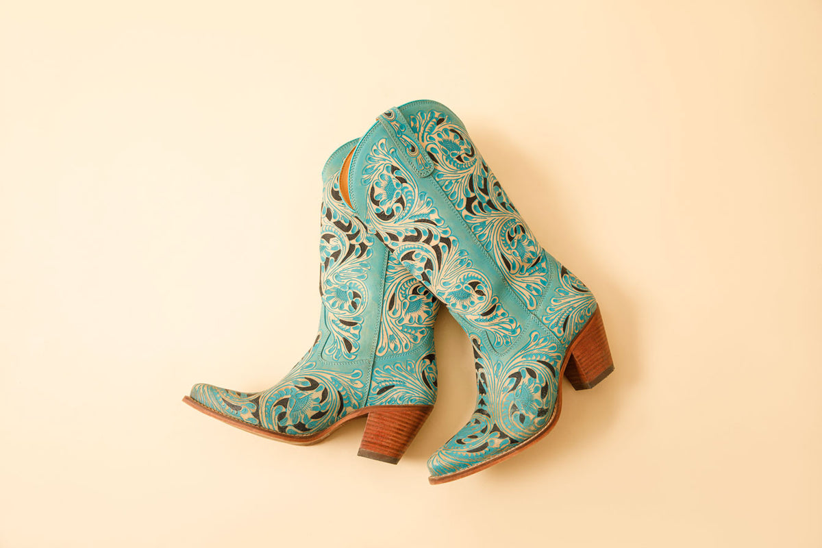 Kasiopeah Hand-tooled Boots in Turquoise
