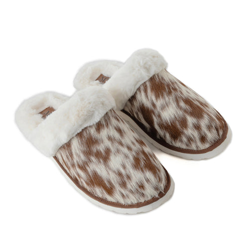 Alamosa Hair-on Hide Lined Slippers in Brown & White
