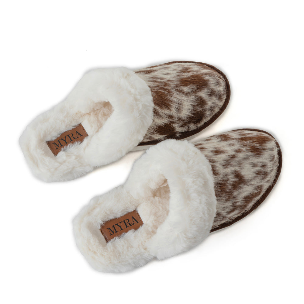 Alamosa Hair-on Hide Lined Slippers in Brown & White