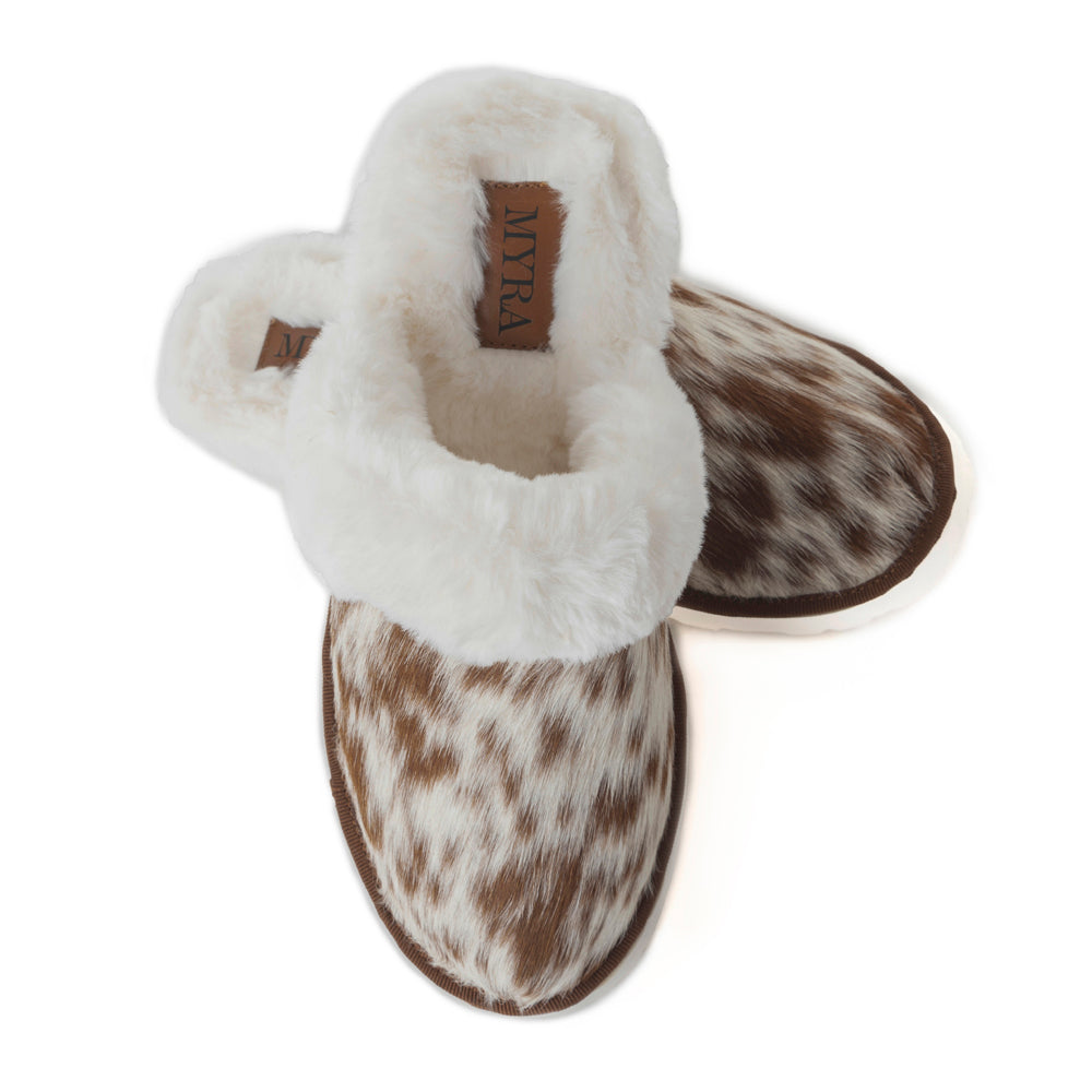 Alamosa Hair-on Hide Lined Slippers in Brown & White