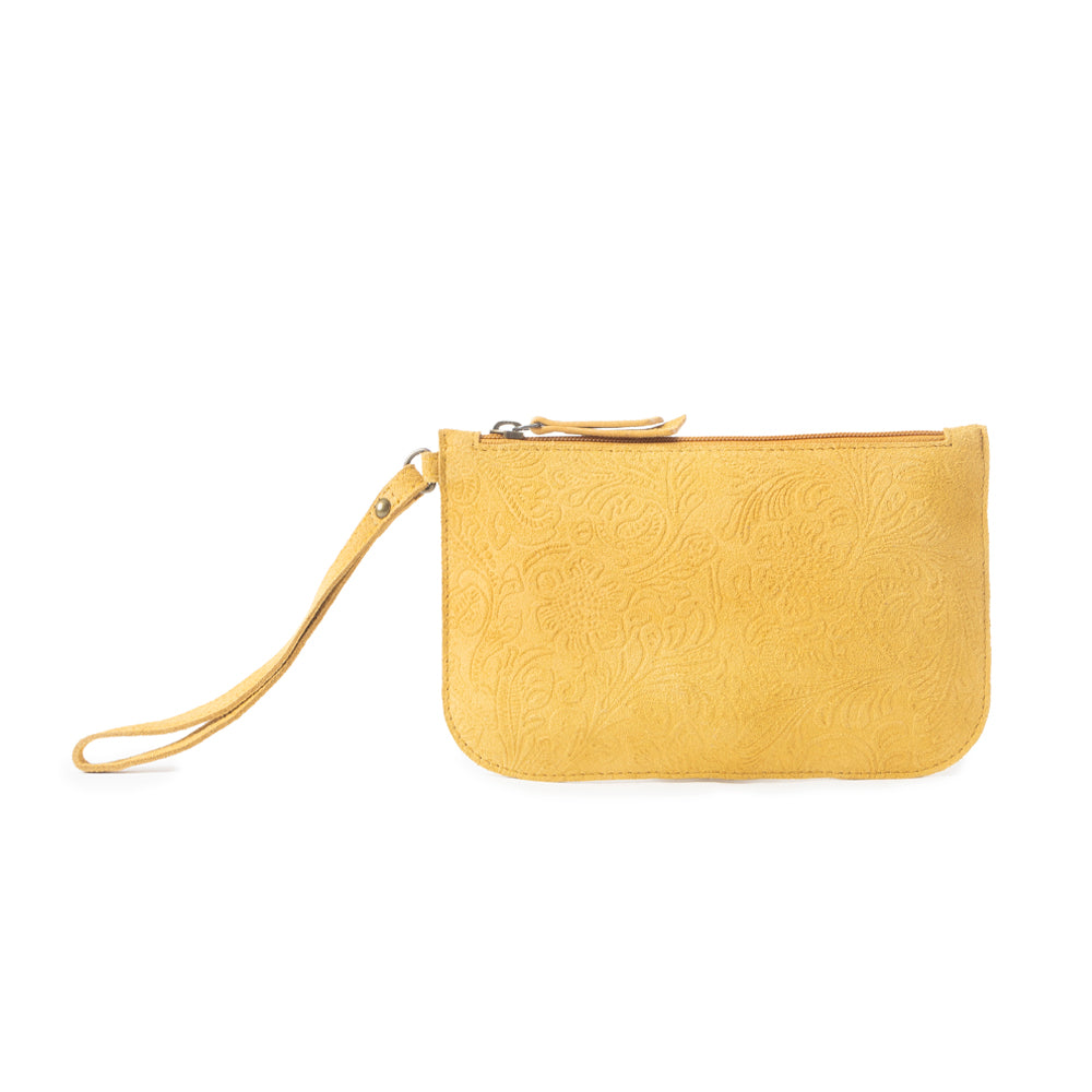 Heritage Scroll Clutch Bag In Mustard