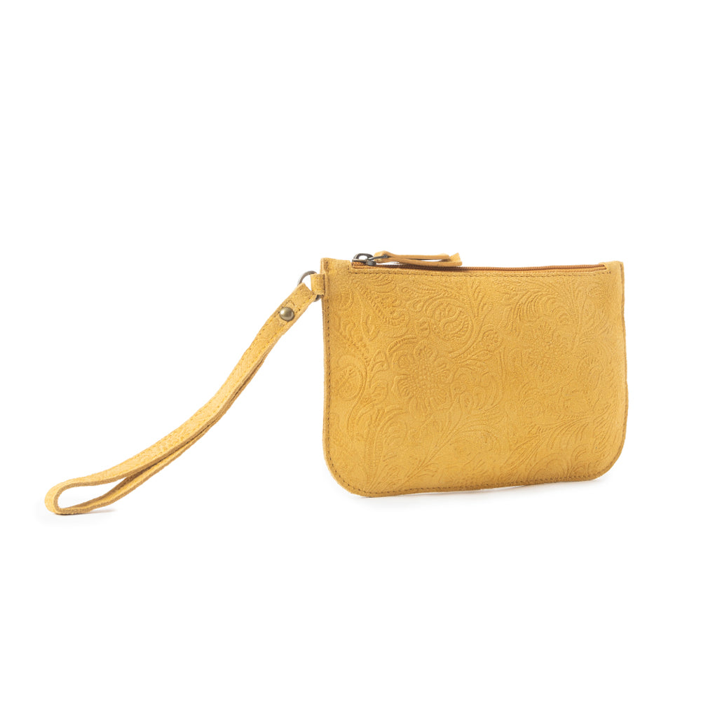 Heritage Scroll Clutch Bag In Mustard