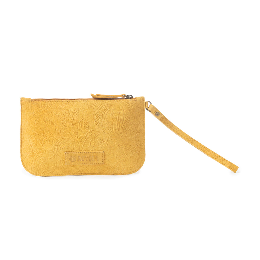 Heritage Scroll Clutch Bag In Mustard