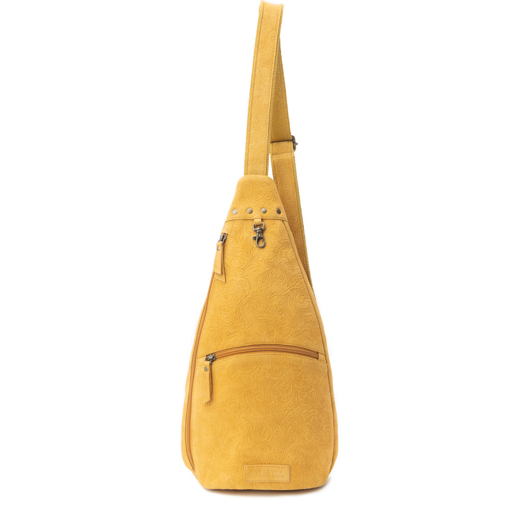 Marigold Scroll Sling Bag In Mustard