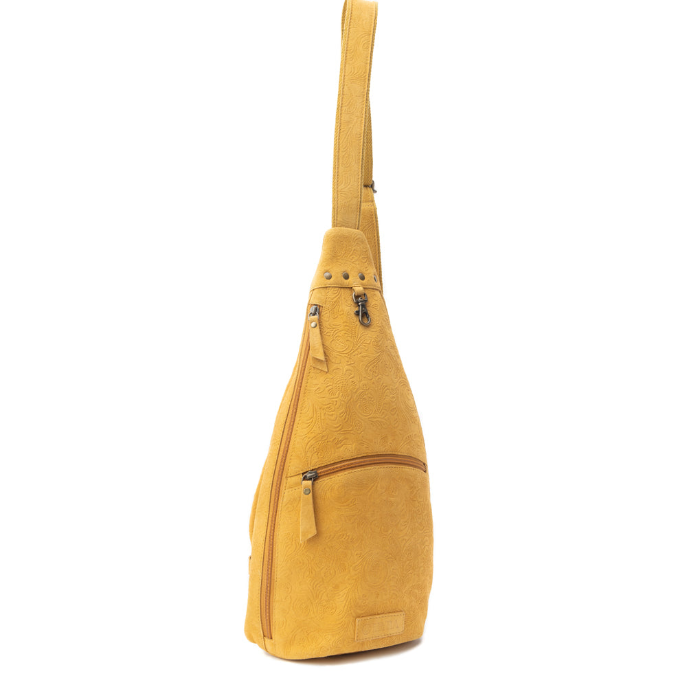 Marigold Scroll Sling Bag In Mustard