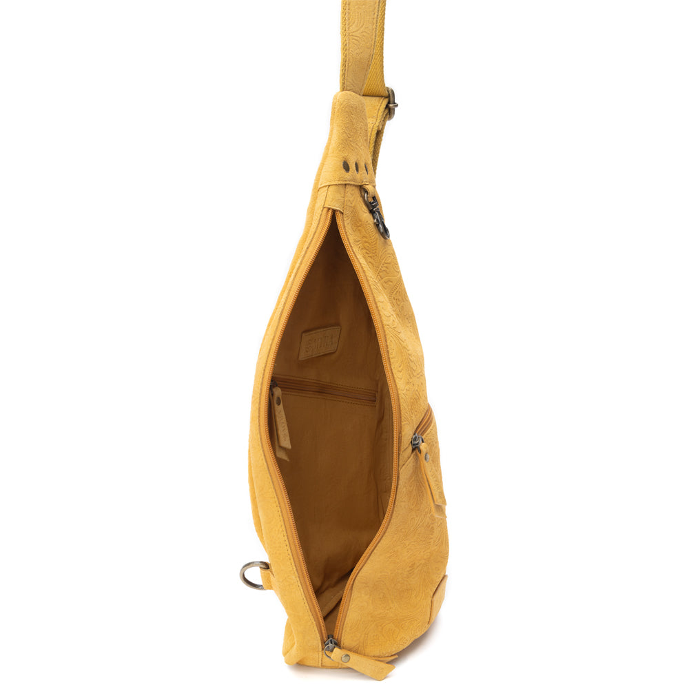 Marigold Scroll Sling Bag In Mustard