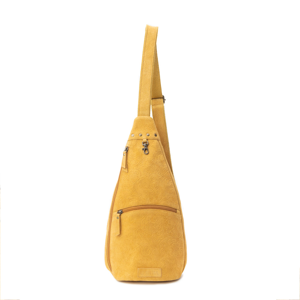 Marigold Scroll Sling Bag In Mustard