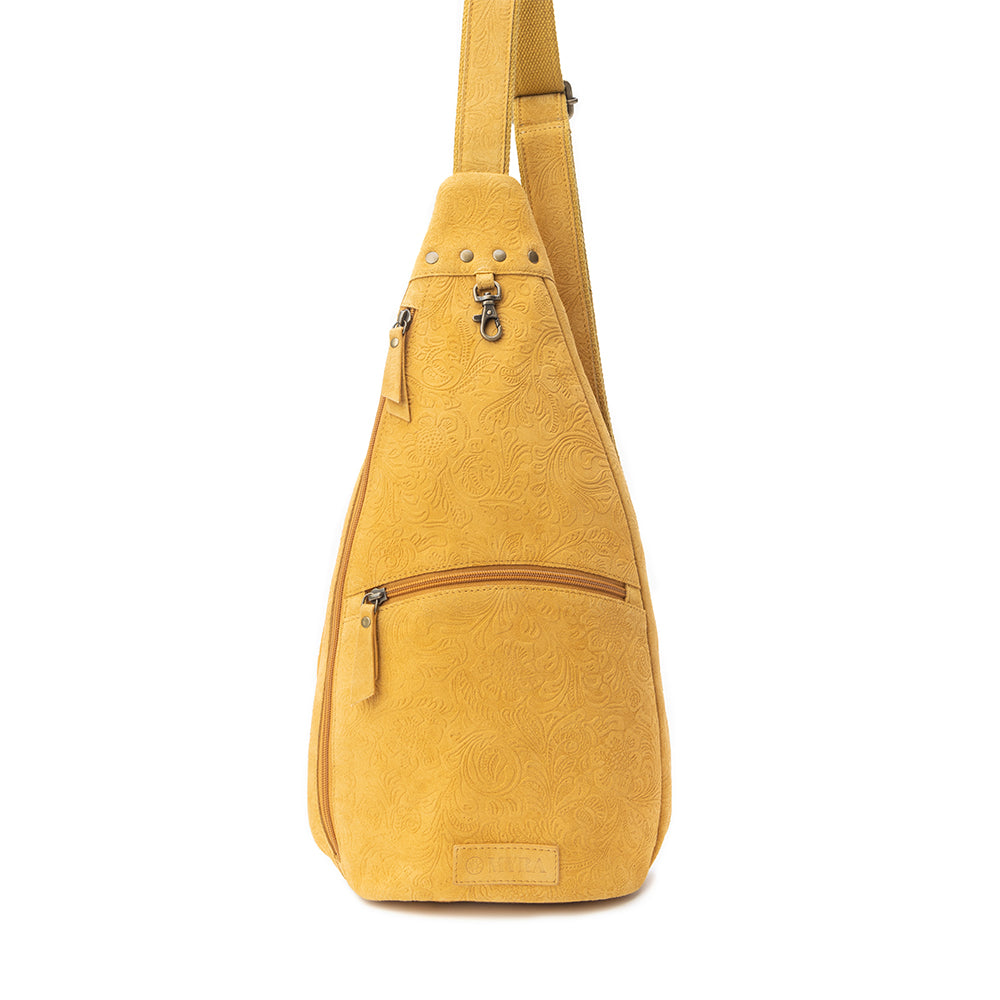 Marigold Scroll Sling Bag In Mustard