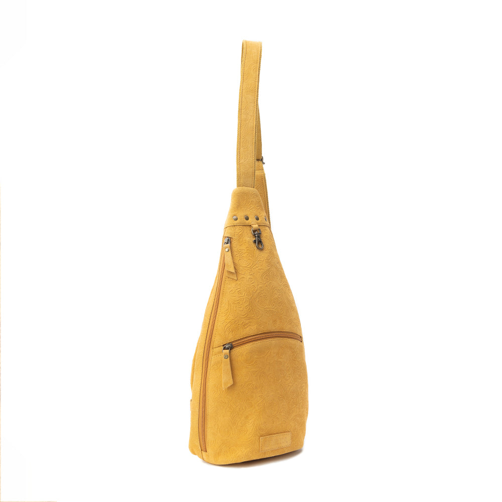 Marigold Scroll Sling Bag In Mustard