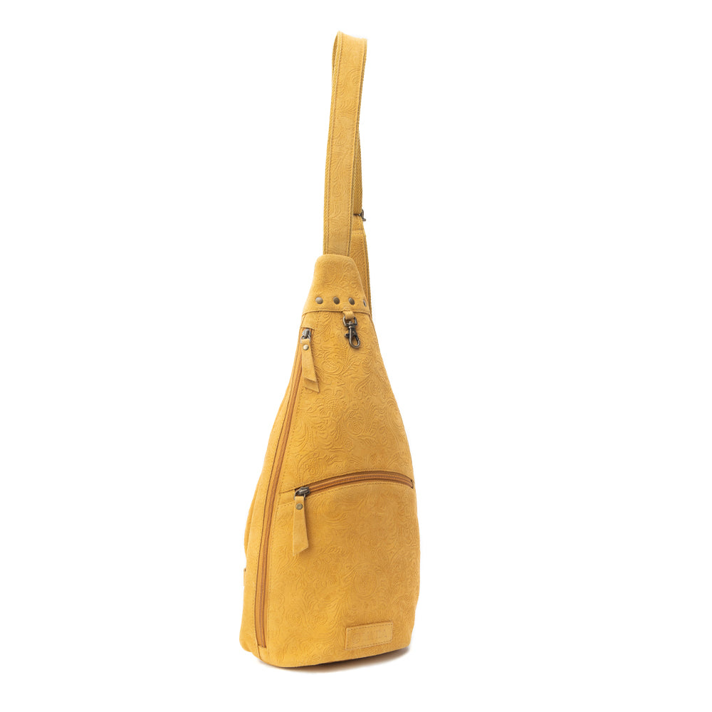 Marigold Scroll Sling Bag In Mustard