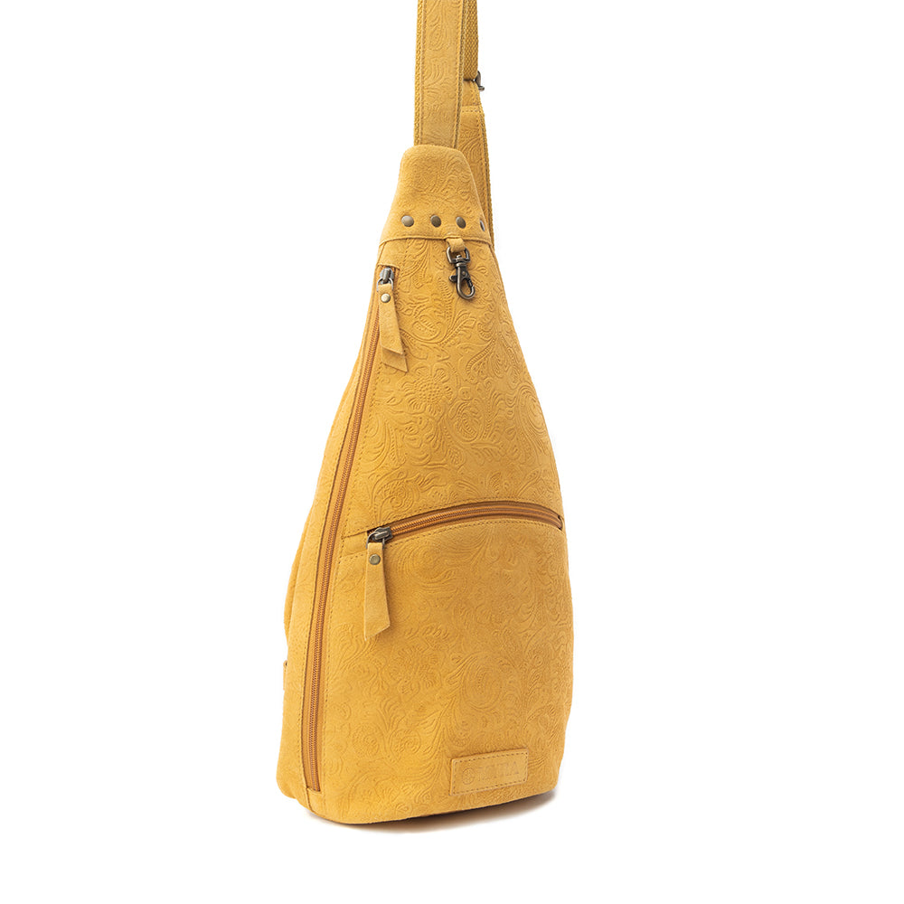 Marigold Scroll Sling Bag In Mustard