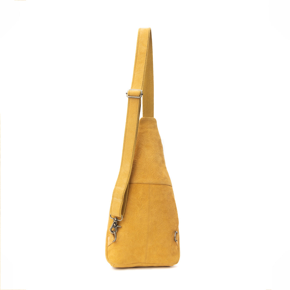 Marigold Scroll Sling Bag In Mustard