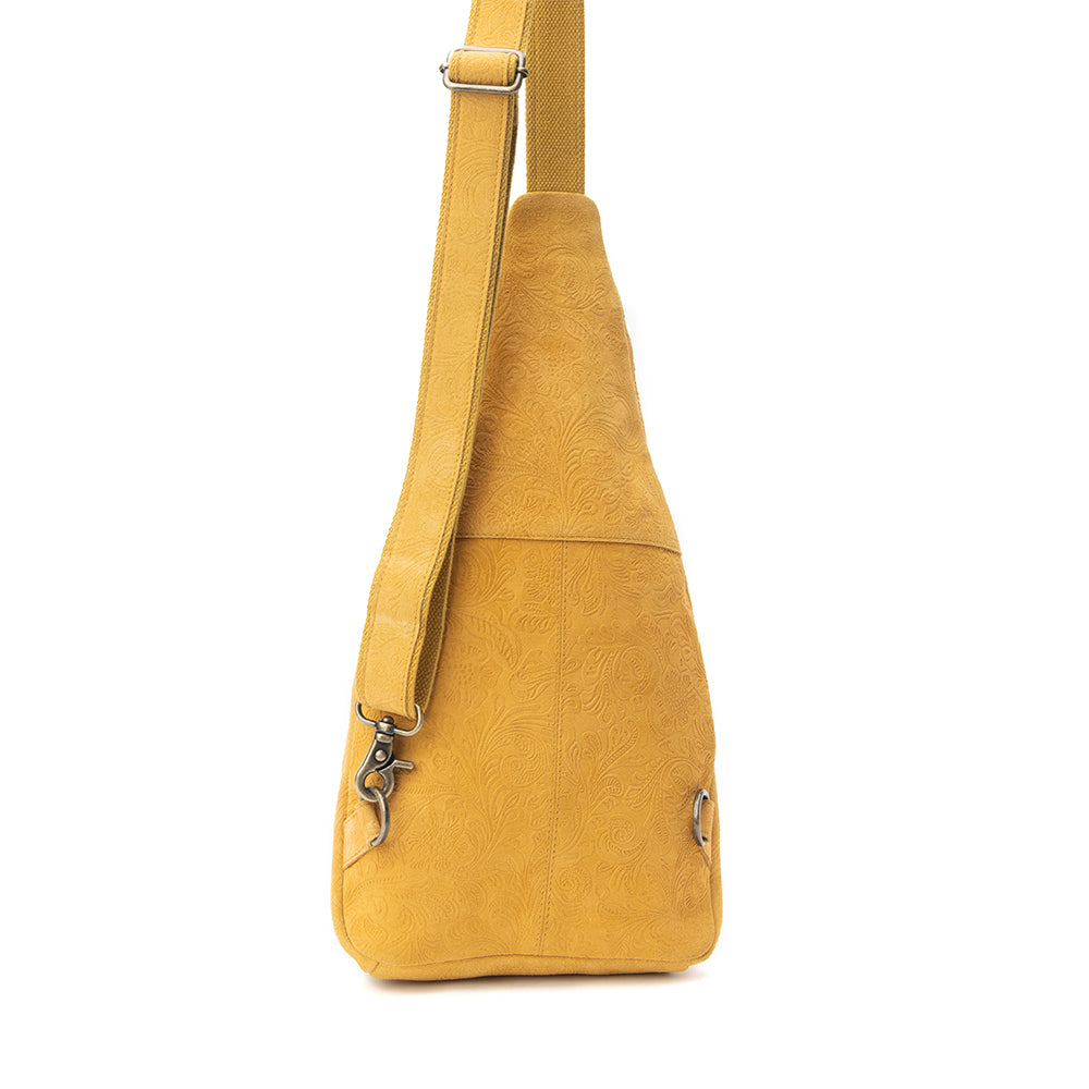 Marigold Scroll Sling Bag In Mustard