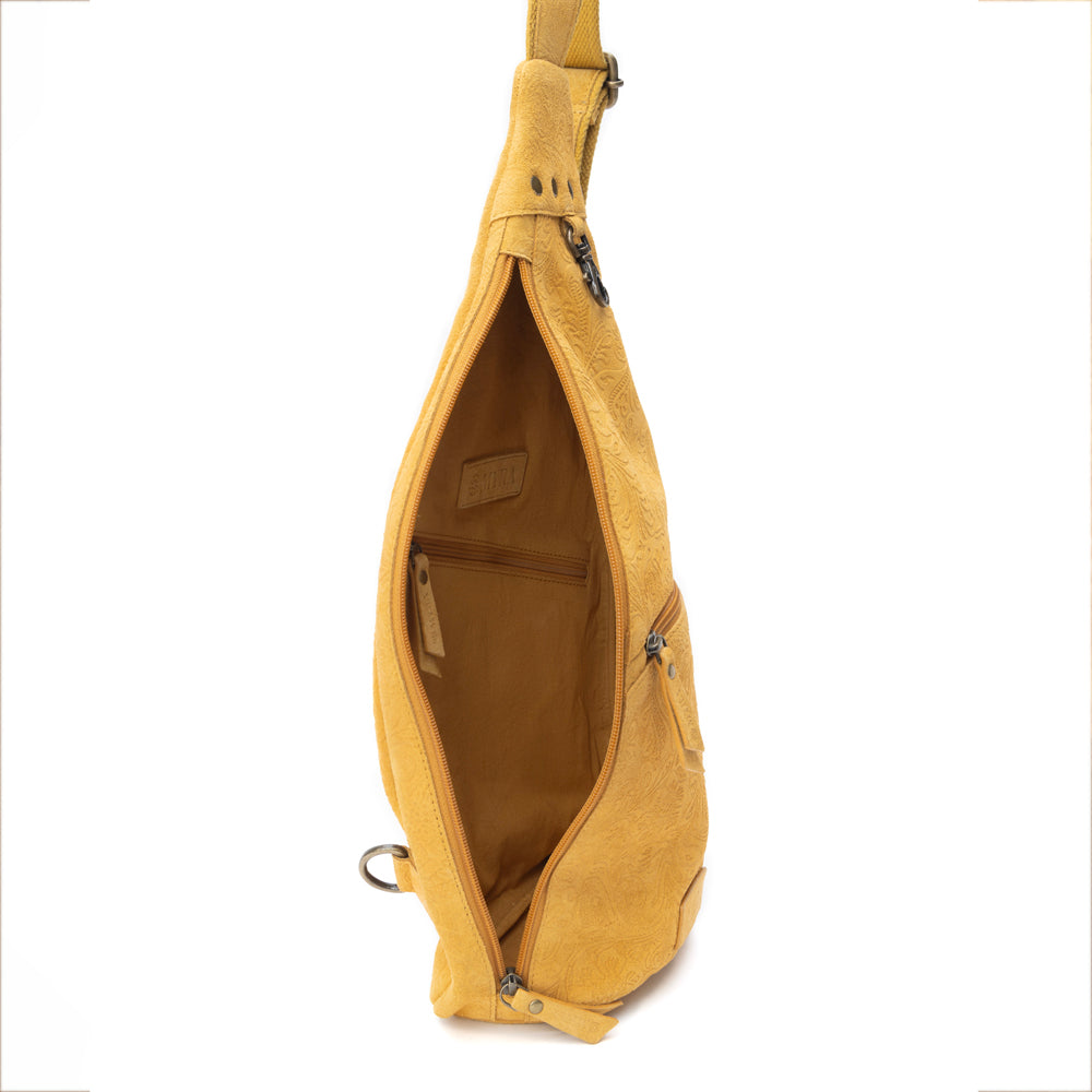 Marigold Scroll Sling Bag In Mustard