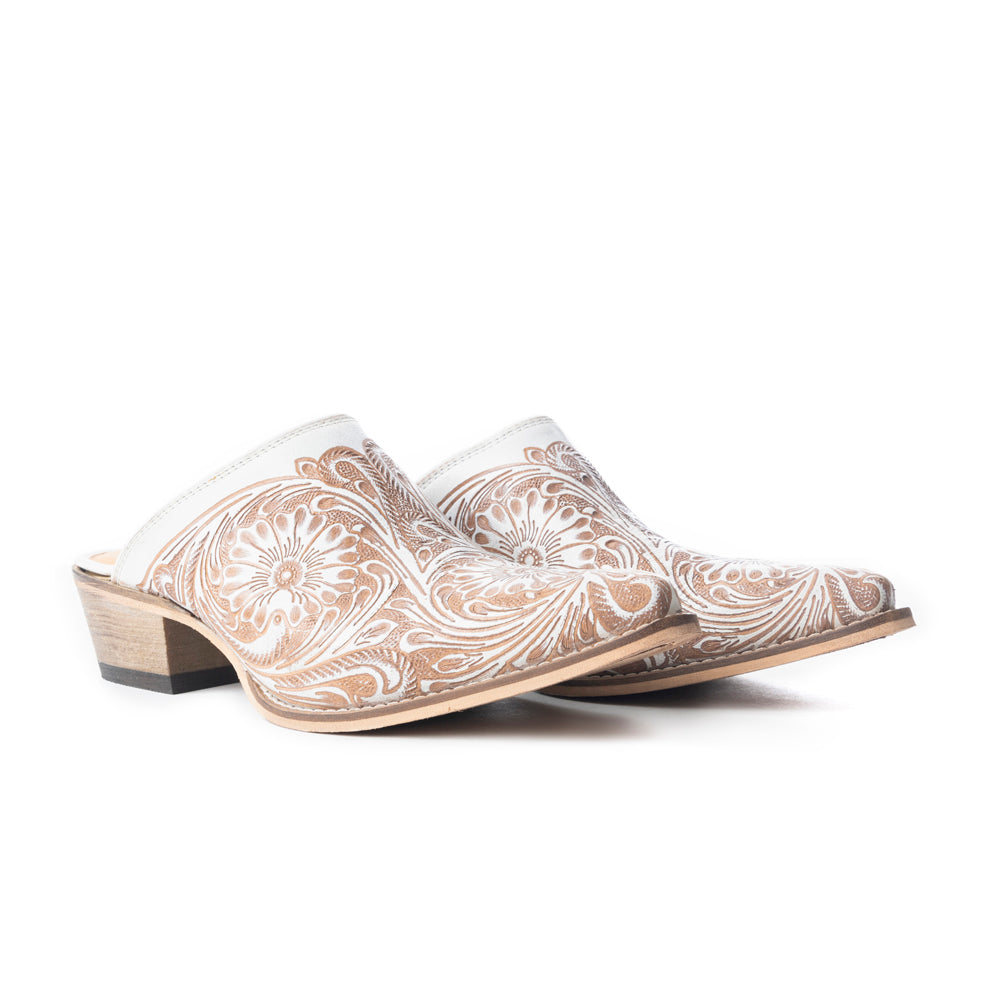 Valeria Hand-tooled Mules In White