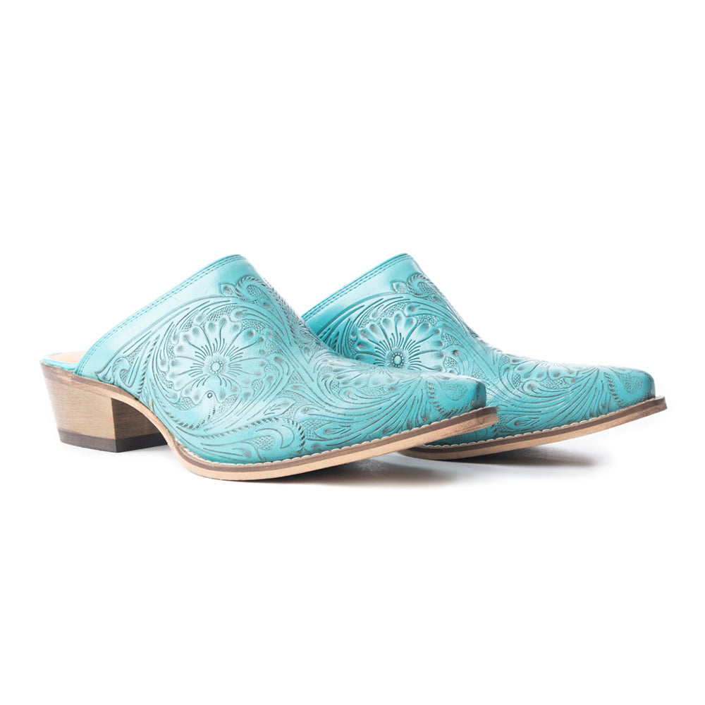 Valeria Hand-tooled Mules In Turquoise