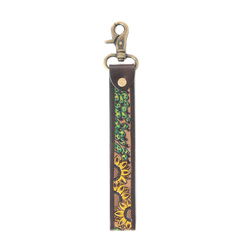 Verdant Vines Tooled Leather Key Fob in Copper Brown