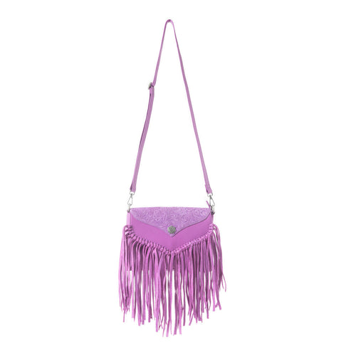 Wild West Fringe Leather Crossbody Bag in Purple