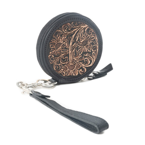 Botanic Bliss Handtooled Leather Coin Pouch in Golden Tan