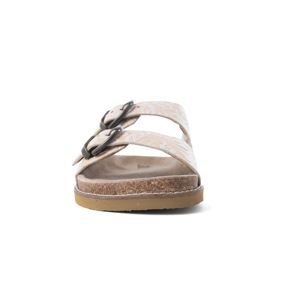 Desert Lily Embossed Leather Sandals in Antique White