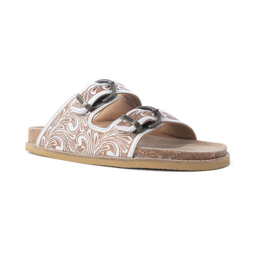 Marlowe Western Handtooled Leather Sandals in Ivory Bloom