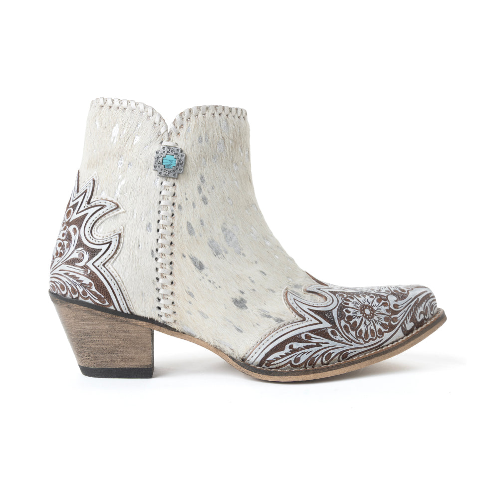 Sierra Belle Handtooled Leather Booties in Almond White