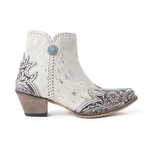 Sierra Belle Handtooled Leather Booties in Almond White