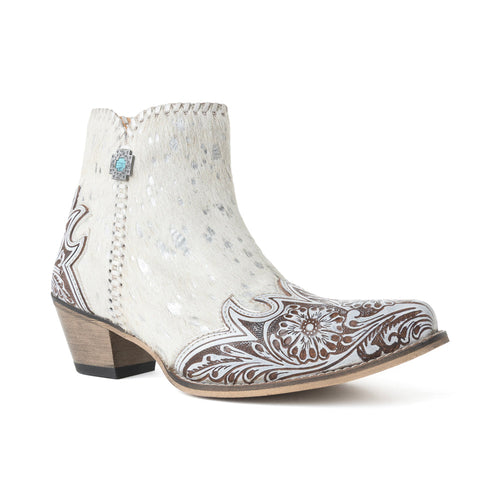 Sierra Belle Handtooled Leather Booties in Almond White