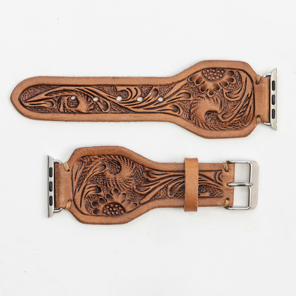 Lone Star Handtooled Leather Watch Band in Antique Saddle Brown