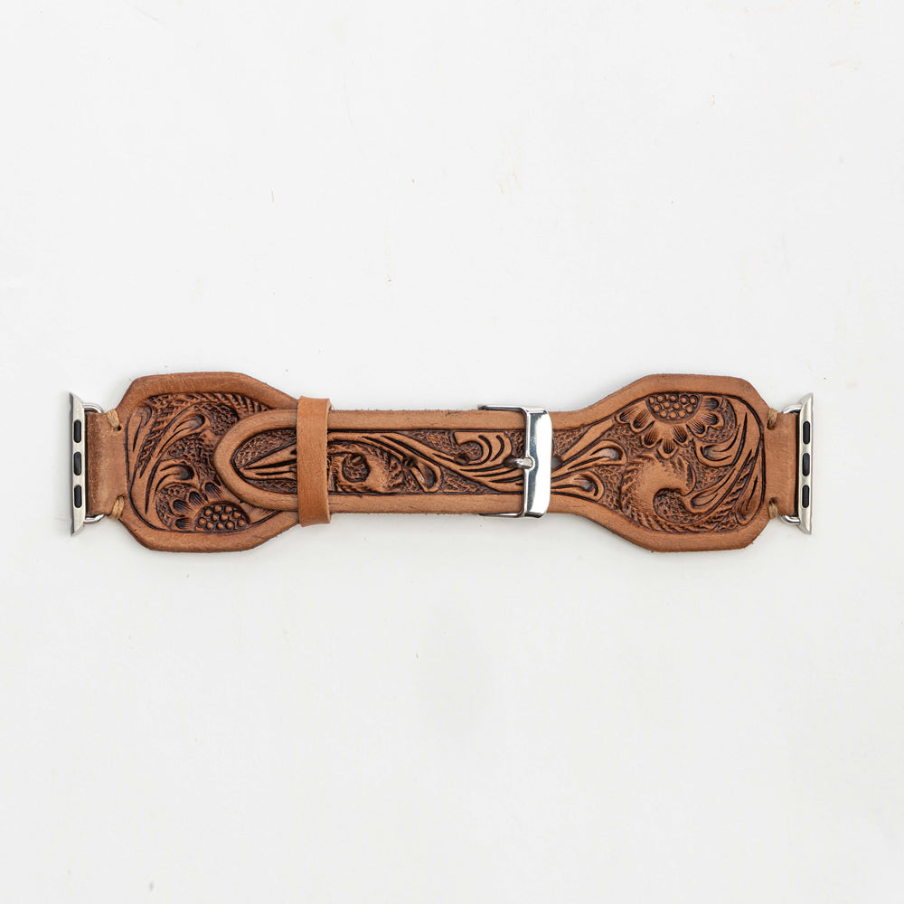Lone Star Handtooled Leather Watch Band in Antique Saddle Brown
