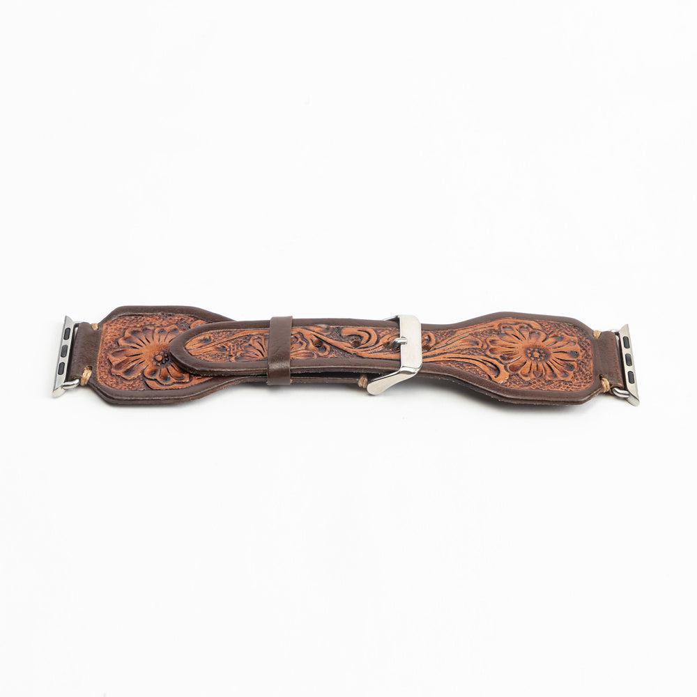 Lone Star Handtooled Leather Watch Band in Antique Mahogany