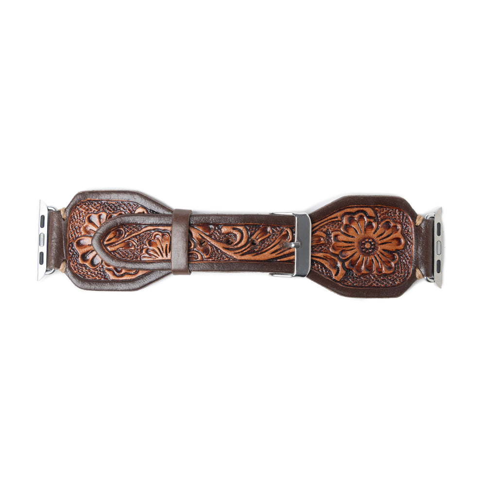 Lone Star Handtooled Leather Watch Band in Antique Mahogany