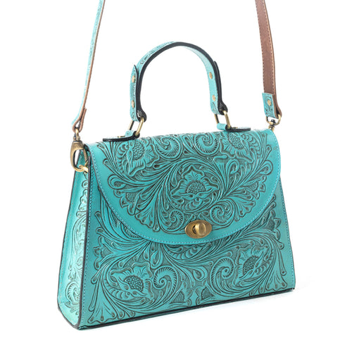 Savannah Scroll Handtooled Leather Bag in Turquoise