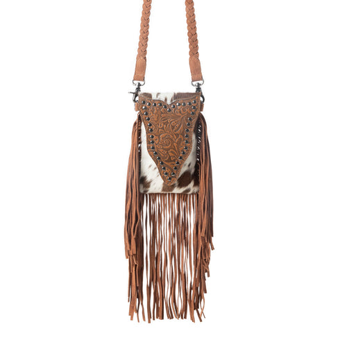 Dusk & Dust Fringe Leather Bag in Hairon Brown & White