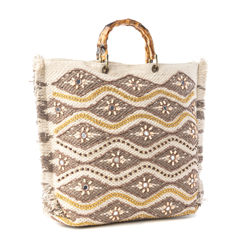 Harvest Dune Hand Embroidered Weekender Bag in Misty Taupe