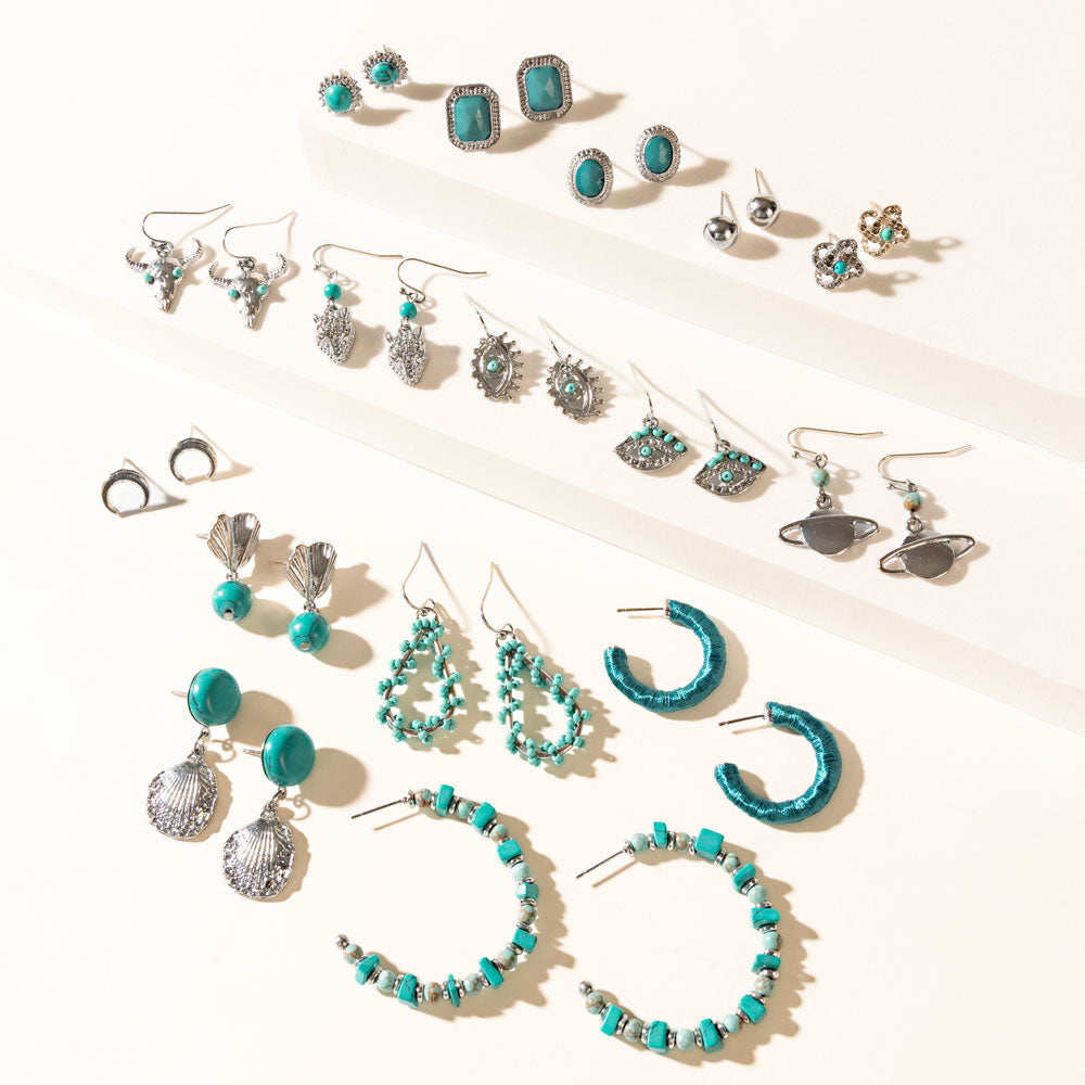 Turquoise Trails & Silver Tales Set of 16 Earrings