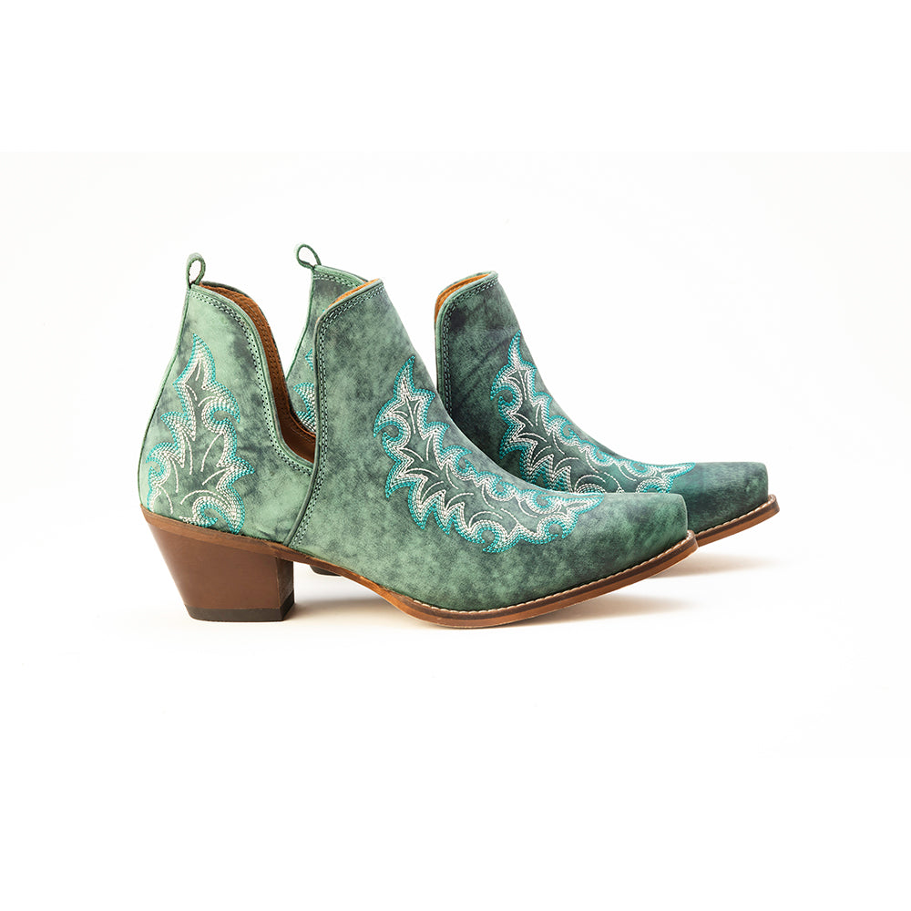 Sagebreeze Embroidered Leather Booties in Lagoon Teal