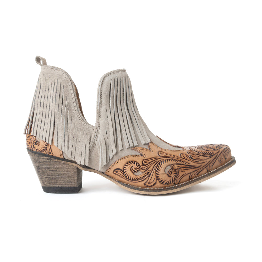 Cimarron Belle Fringed Handtooled Leather Booties in Wild Tan