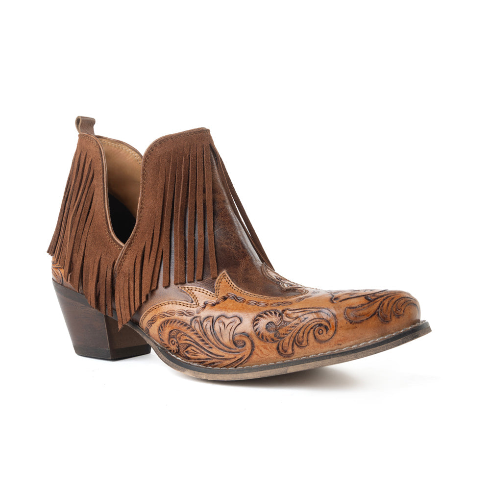Wild Ember Fringed Handtooled Leather Booties in Golden Rust