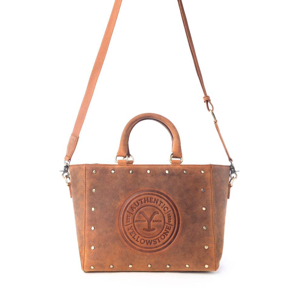 Yellowstone Valley Soul Studded & Embossed Tote Leather Bag in Amber