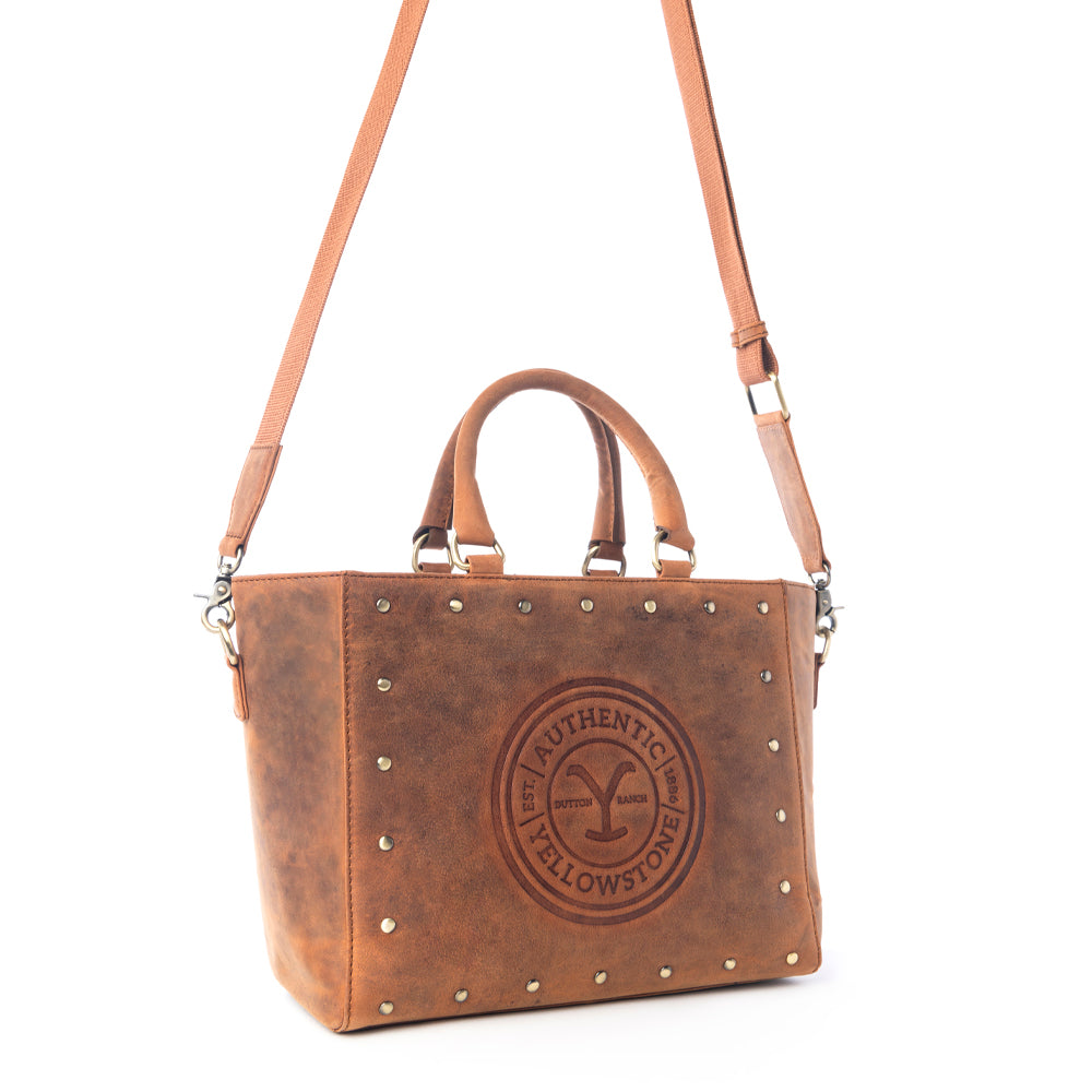 Yellowstone Valley Soul Studded & Embossed Tote Leather Bag in Amber