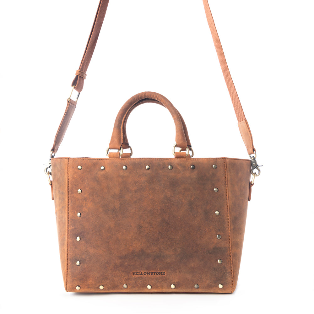Yellowstone Valley Soul Studded & Embossed Tote Leather Bag in Amber
