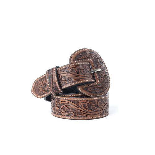 Lariat Rose Leather Belt in Chestnut Brown