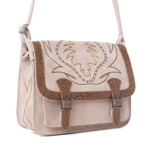 Amberwood Suede Leather Boot Embroidered Leather Bag in Amber